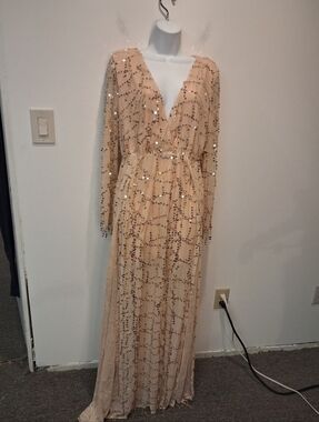 MissOrd Size L Gold Vneck Wrap Hem Sequins Maxi Dress